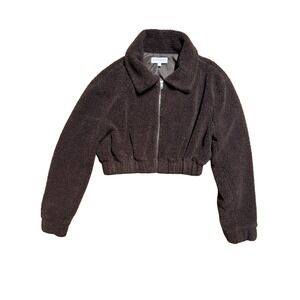 Meshki Teddy Jacket Brown Cropped Oversized Full Zip Sherpa Fleece Coat Size S